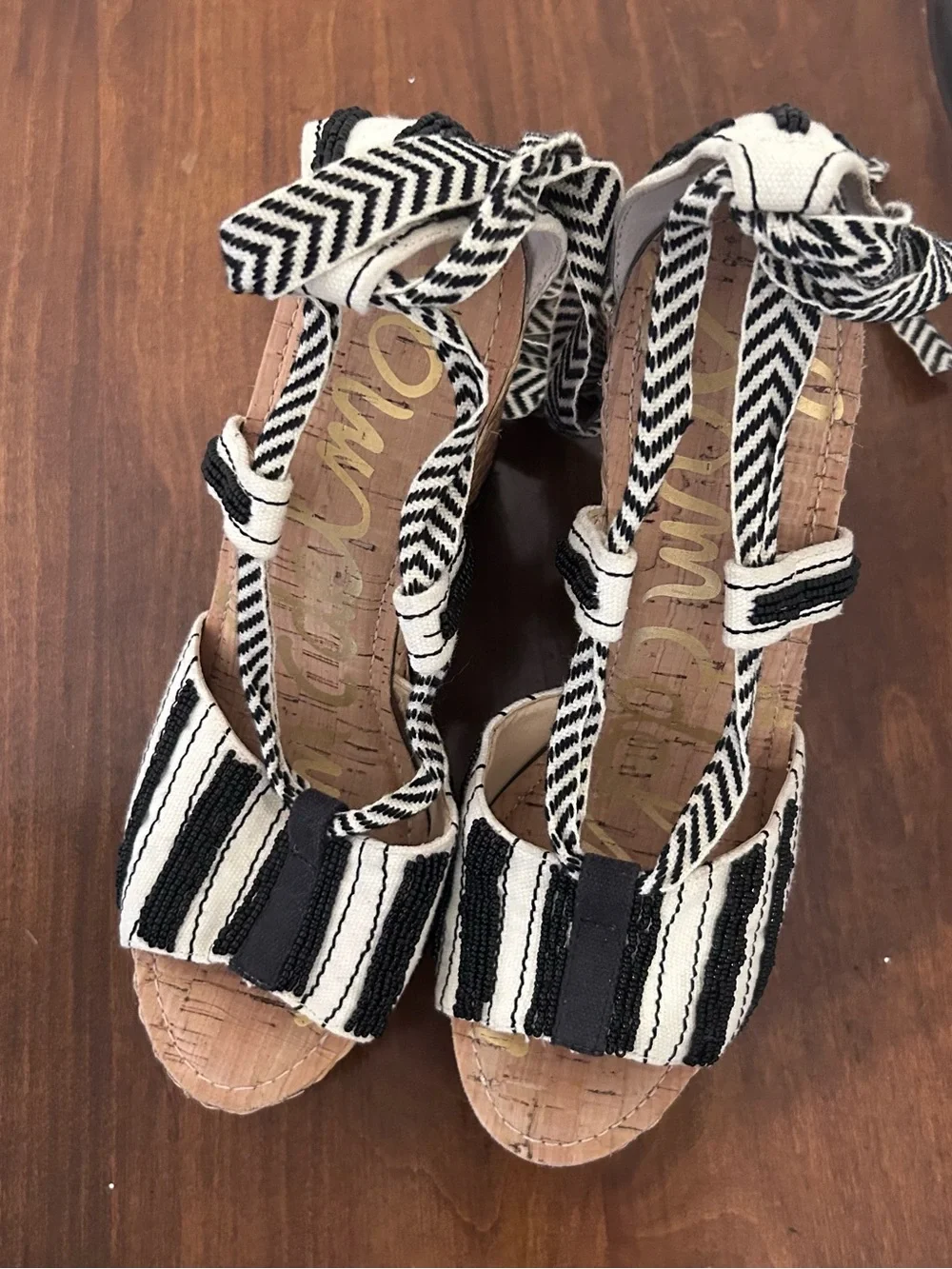 Sam Edelman Trey Black White Beaded Espadrille Wedge Platform Sandals size 8